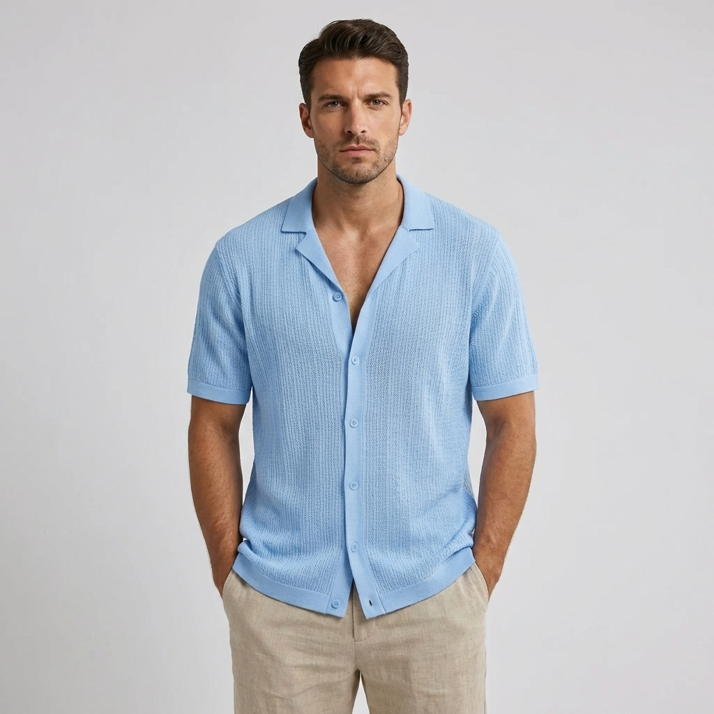 Heren casual gehaakt zomershirt met korte mouwen, ideaal voor strand, vakantie en zomerse dagen.