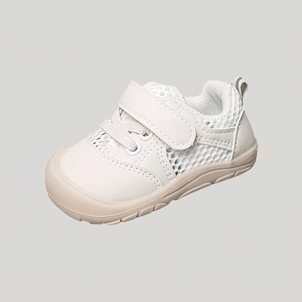 Comfortabele beige barefoot babyschoenen met flexibele zool en antislip grip, perfect voor eerste stapjes.
