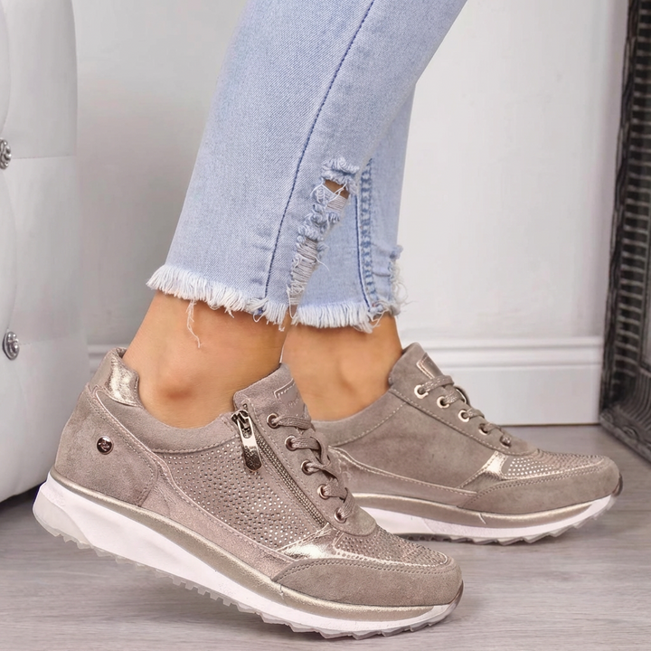 Khaki dames orthopedische schoenen, stijlvol en comfortabel, perfect voor wandelen met extra ondersteuning.