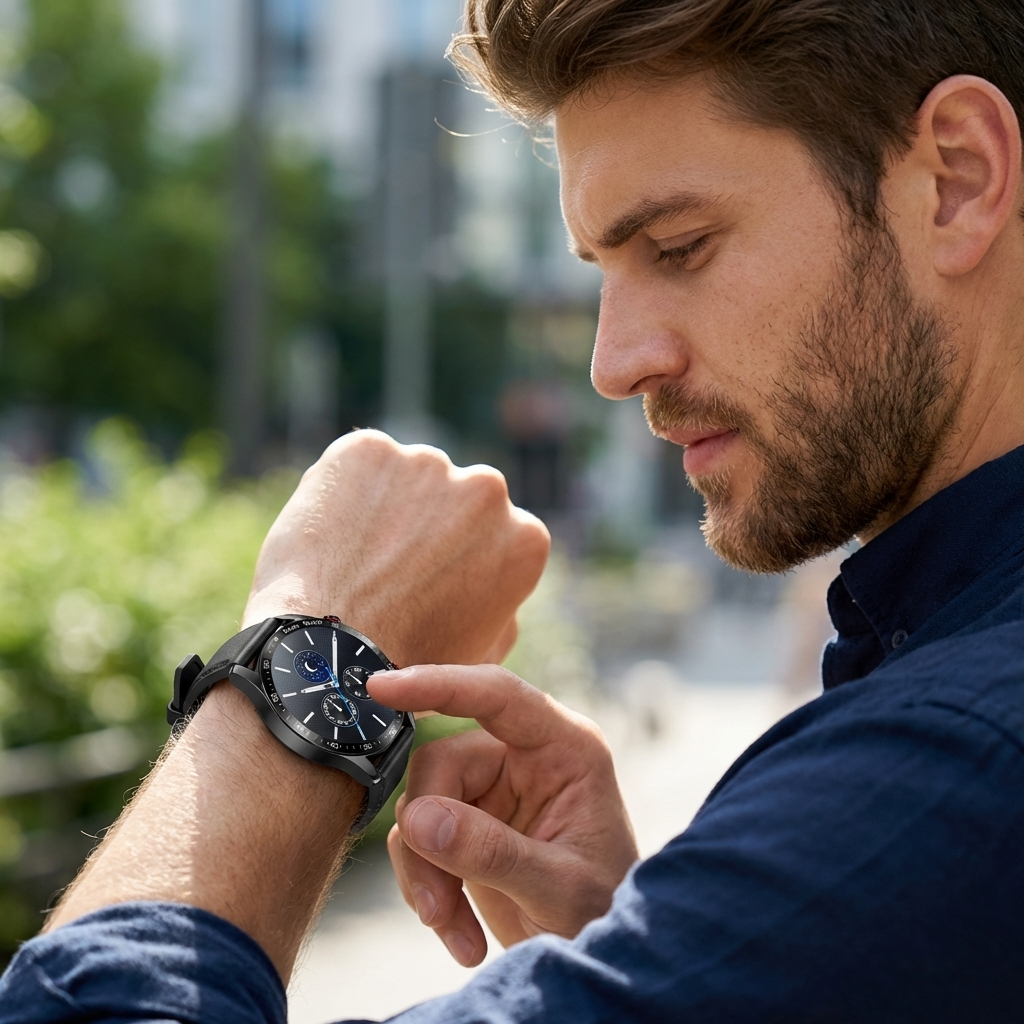 Heren smartwatch New5 met ECG & hartslagmeter. Zwart design, perfecte gezondheidstracker.
