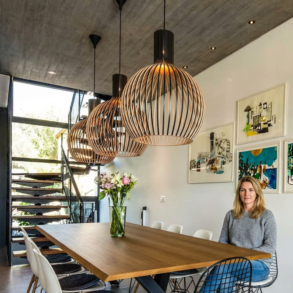 Moderne houten hanglamp voor sfeervolle verlichting. Ideaal als blikvanger boven de eettafel in elk interieur.