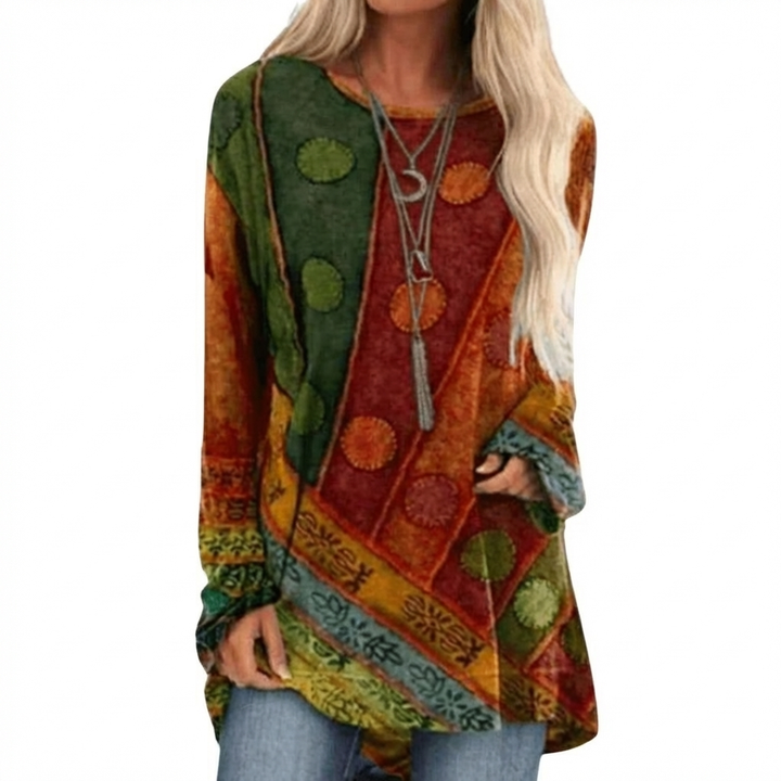 Stijlvolle dames tuniek met uniek patchwork patroon en lange mouwen, comfortabele polyester lentemode.