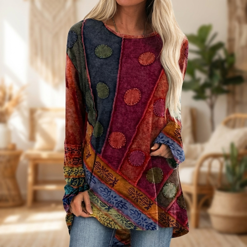 Dames patchwork tuniek met lange mouwen, comfortabel en modieus, ideaal voor lente of herfst casual look.