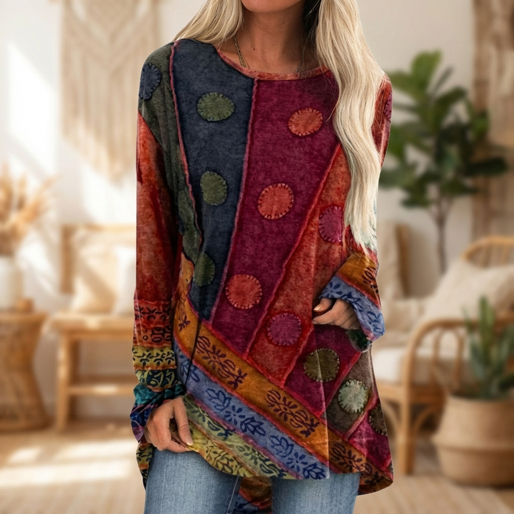 Dames patchwork tuniek met lange mouwen, comfortabel en modieus, ideaal voor lente of herfst casual look.