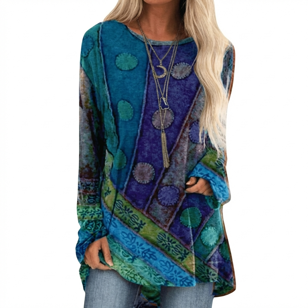 Modieuze dames tuniek met patchwork design en lange mouwen, perfect voor een comfortabele casual stijl.