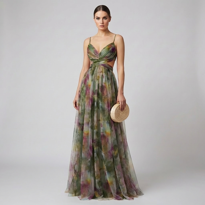 Mouwloze V-hals mesh maxi-jurk voor dames in trendy oranje, een chique zomerjurk.