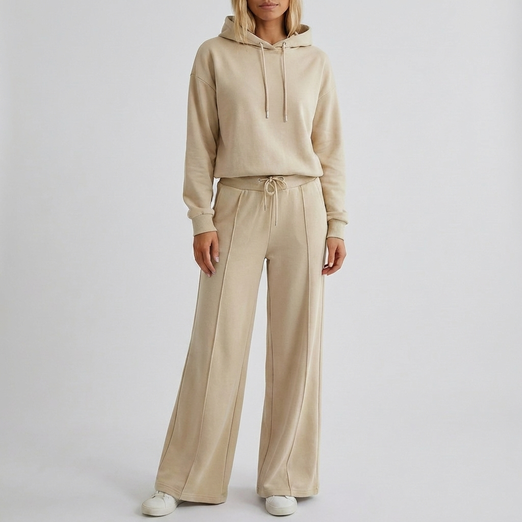 Zachte en comfortabele dames hoodie set met wijde broek, ideale tweedelige set voor ontspannen momenten.
