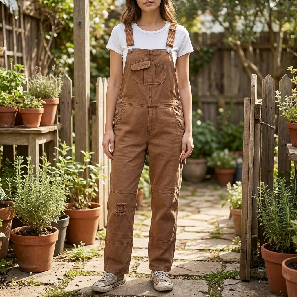 Bruine unisex tuinoverall voor tuinieren en klussen, comfortabele en praktische werkkleding van polyester.