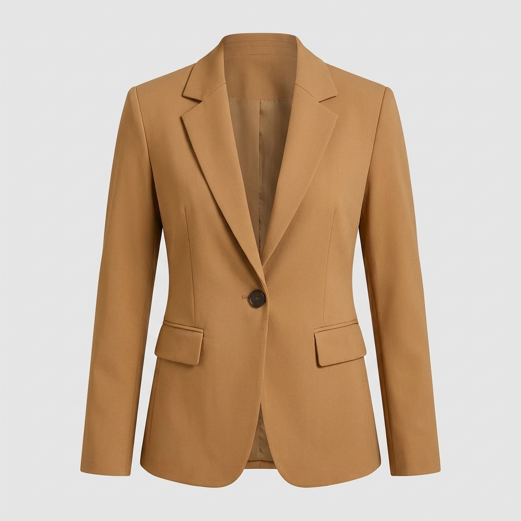 Stijlvolle damesblazer, vooraanzicht. Essentiële bovenkleding voor een complete vrouwenmode look.