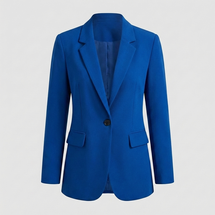 Detail van de revers en knopen van deze elegante damesblazer. Kwaliteit en stijlvol.
