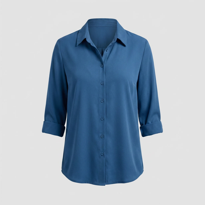 Rugdetail van de dames V-hals top, toont de elegante pasvorm en veelzijdige stijl. Een must-have kledingstuk.
