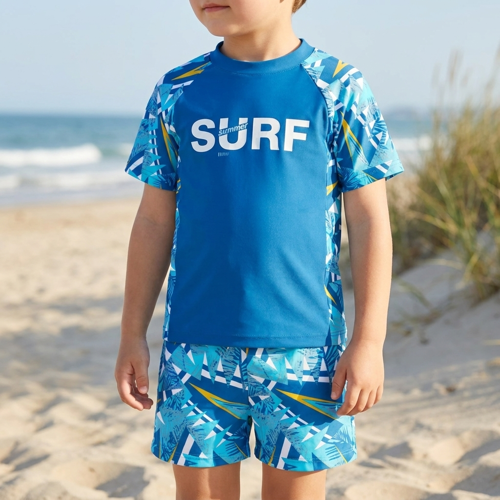 Jongens zwemkledingset met speels tropisch camo & tie-dye patroon. Ideaal voor zomerse waterpret.