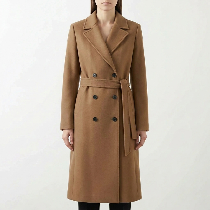 Elegante dames lange jas met rechte snit, dubbelgebreid, ceintuur en knopen; modieuze en veelzijdige bovenkleding.