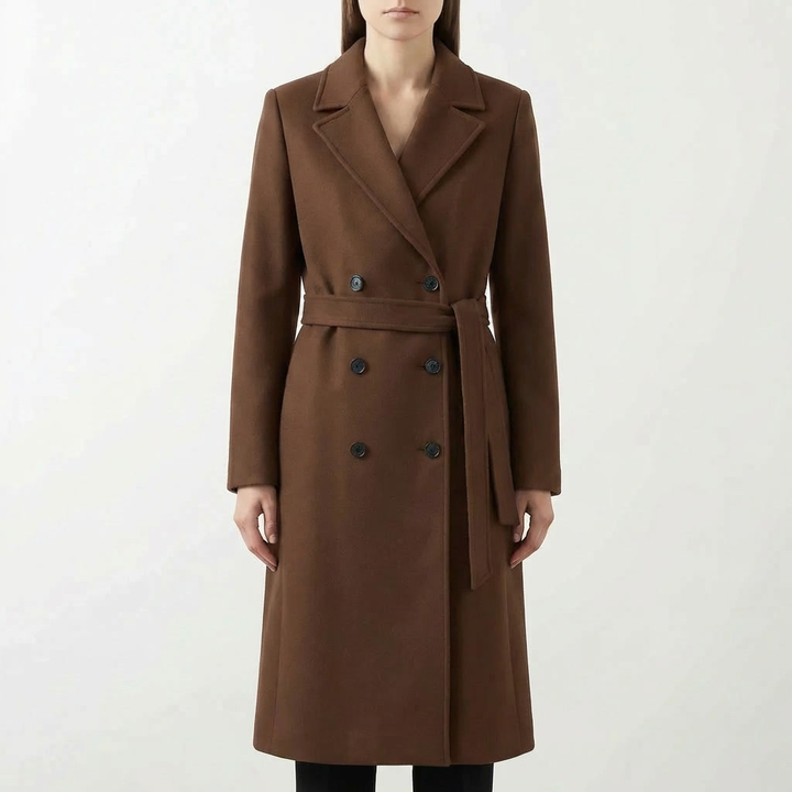 Dames lange trenchcoat-stijl jas, dubbelgebreid, met ceintuur en knoopsluiting; perfecte elegante bovenkleding.