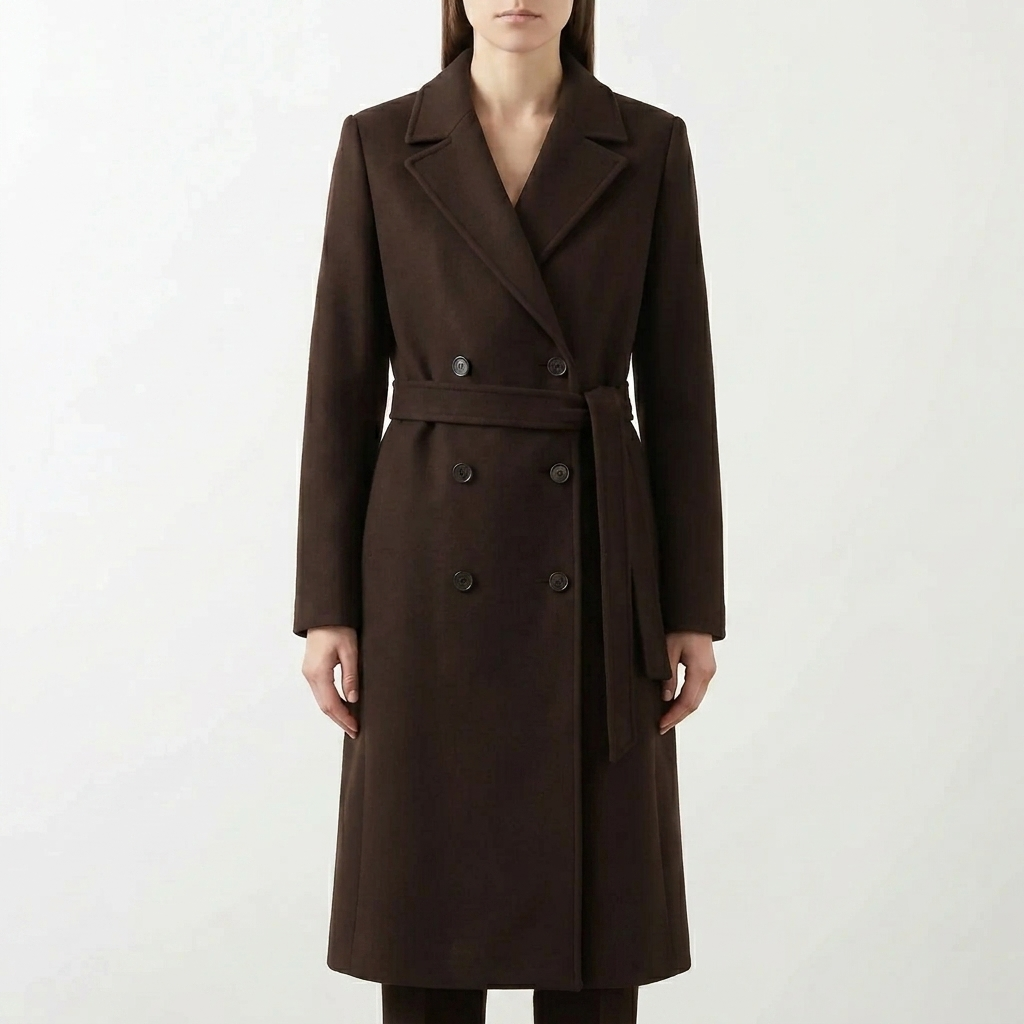 Khaki dames lange dubbelgebreide jas met ceintuur en knoopsluiting; stijlvolle elegante tussenjas.