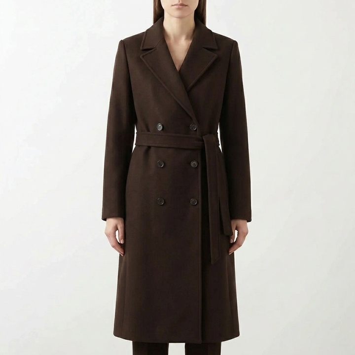 Khaki dames lange dubbelgebreide jas met ceintuur en knoopsluiting; stijlvolle elegante tussenjas.