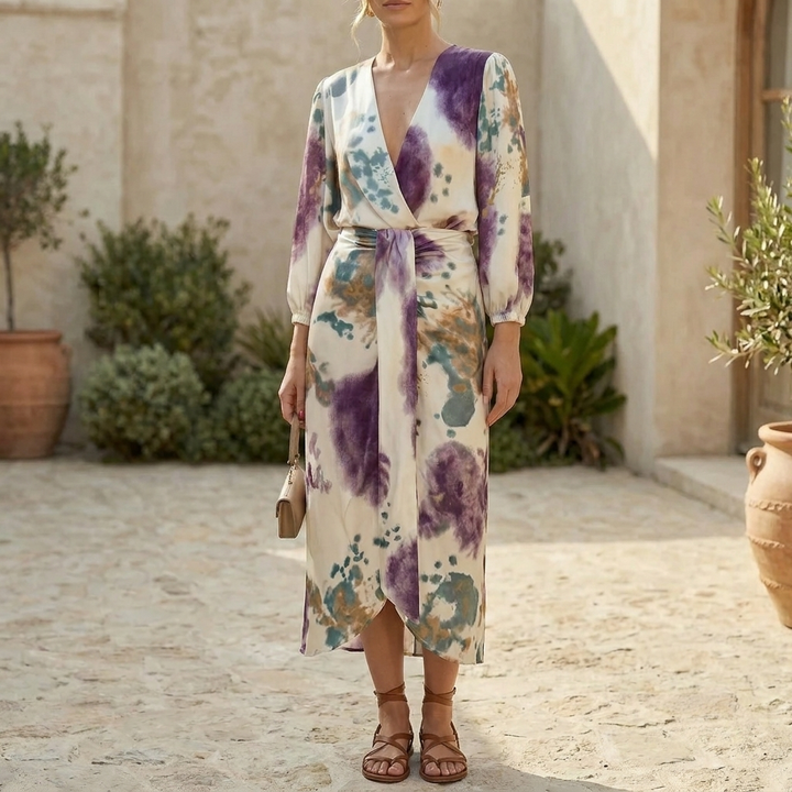 Elegante dames overslagjurk met paars, teal, gouden tie-dye waterverf print, V-hals, ballonmouwen en strikceintuur.