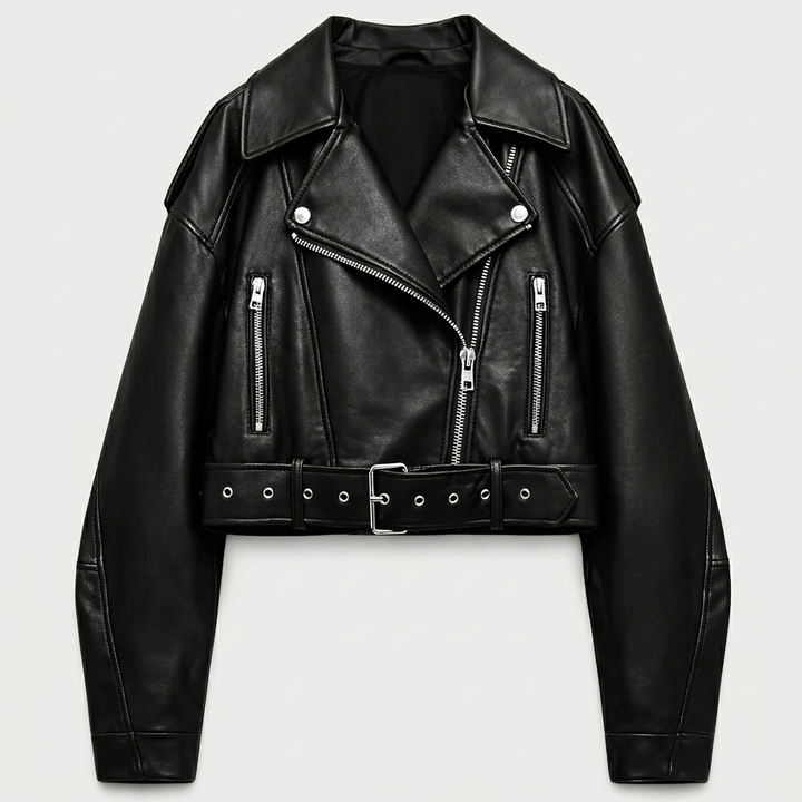 Moderne getailleerde cropped damesjas van PU leer met riem; een smart casual leren jas voor elk seizoen.