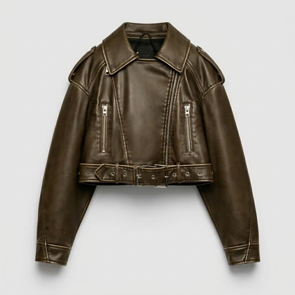 Dames leren cropped jas (PU) in zwart met riem detail. Elegante, getailleerde herfst- en lentejas.