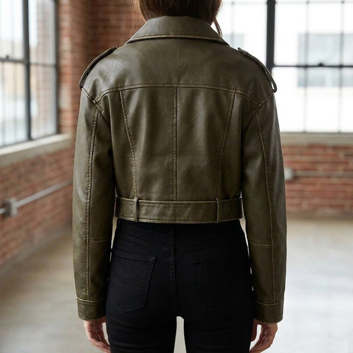 Groene elegante cropped jas van PU leer voor dames, met riem en getailleerd; ideaal als lente- of herfstjas.