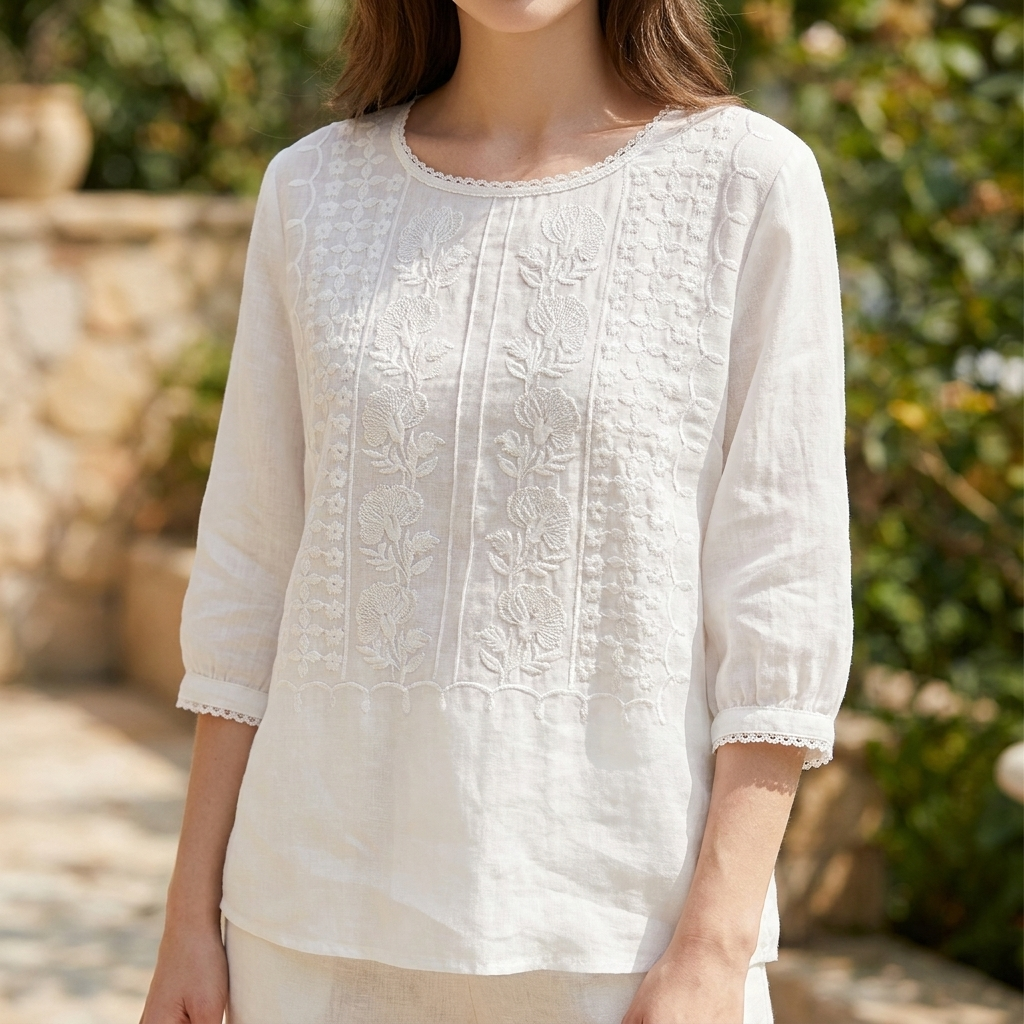 Elegante geborduurde damesblouse met ronde hals, perfect voor een stijlvolle zomerlook en comfortabele losse pasvorm.