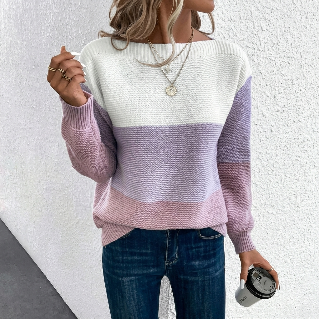 Veelzijdige dames top: stijlvolle patchwork trui met lange mouwen, comfortabel en elegant voor de lente.