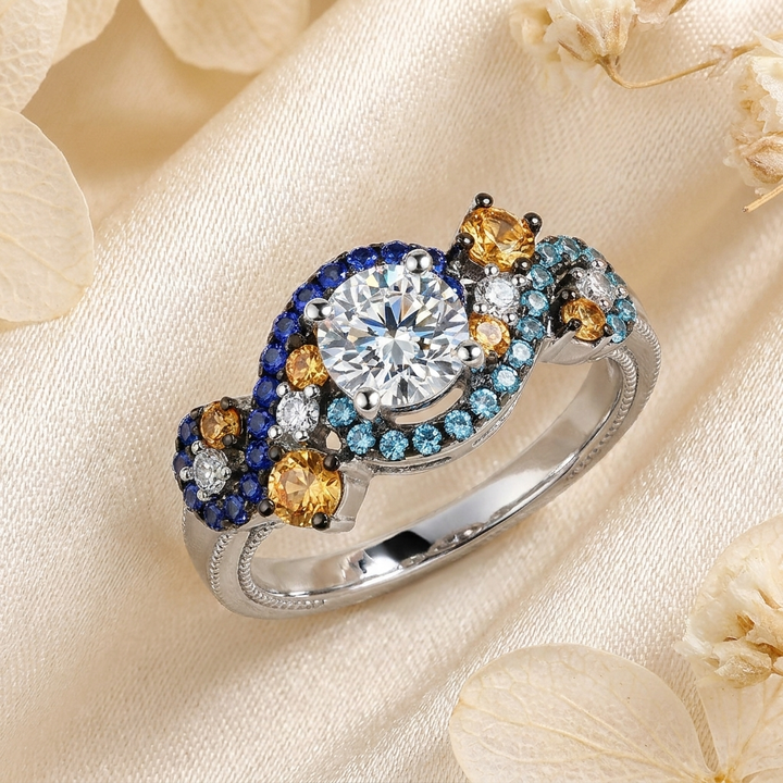 Damesring 'Sterrennacht' design, zilveren vintage sieraad met sprankelende moissanite of zirkonia accenten.
