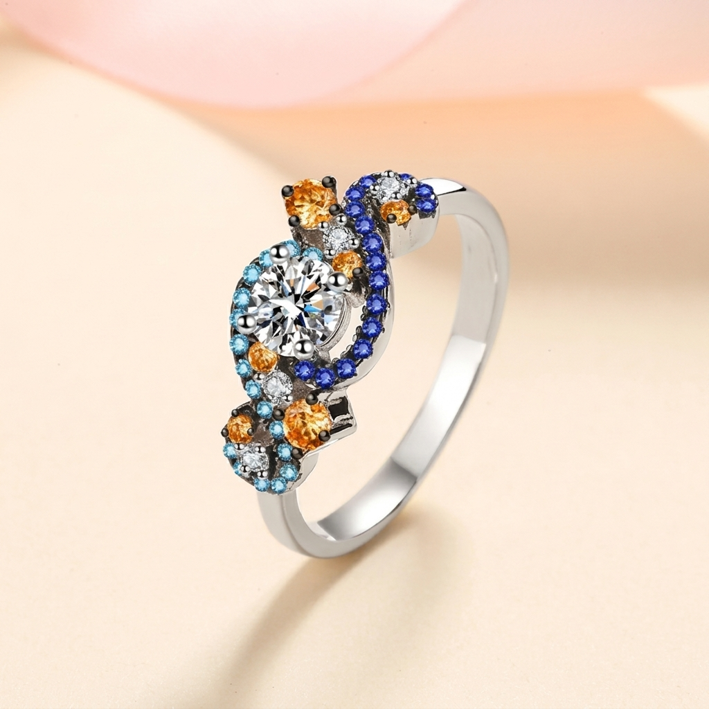 Gedetailleerde vintage damesring 'Sterrennacht' met glinsterende moissanite of zirkonia, tijdloos zilveren sieraad.