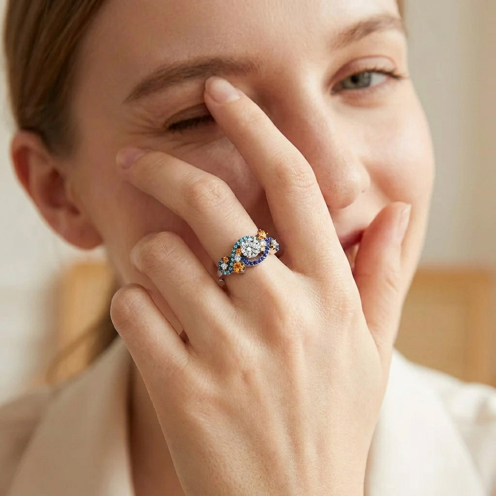 Vintage damesring 'Sterrennacht' met schitterende moissanite of zirkonia stenen, elegant zilveren sieraad.