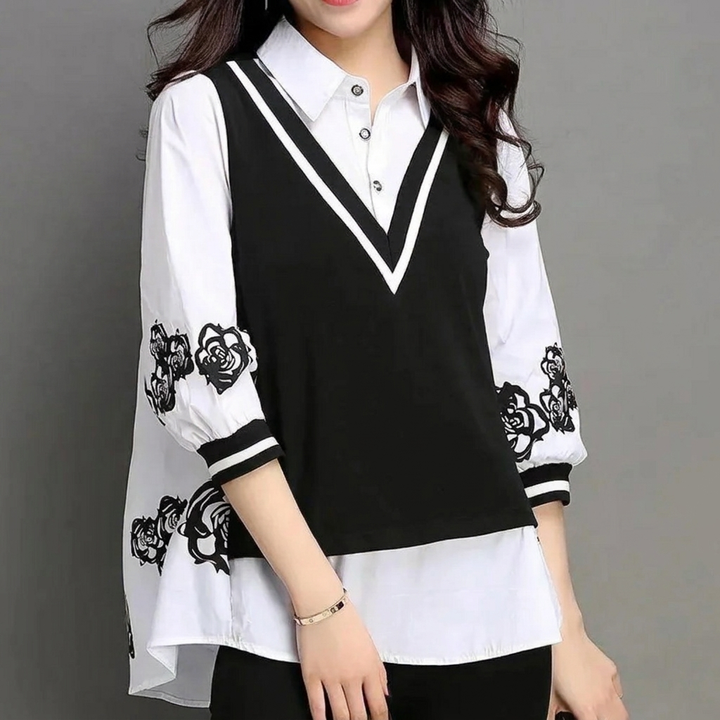 Modieuze dames blouse & vest set. Comfortabele tweedelige casual kleding, ideaal voor een veelzijdige en elegante look.