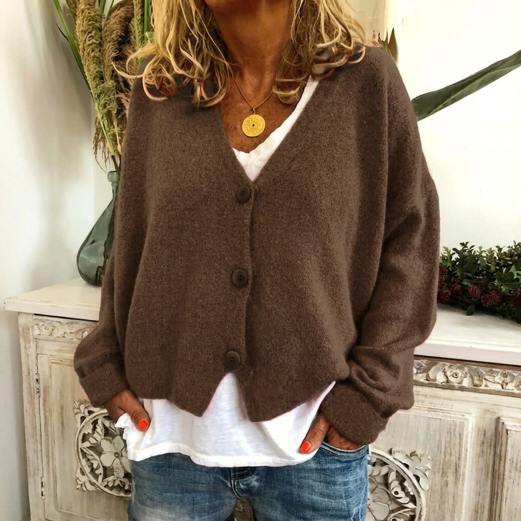 Dames V-hals vest: detail van knoopjes en de V-hals, een comfortabele katoenen cardigan.