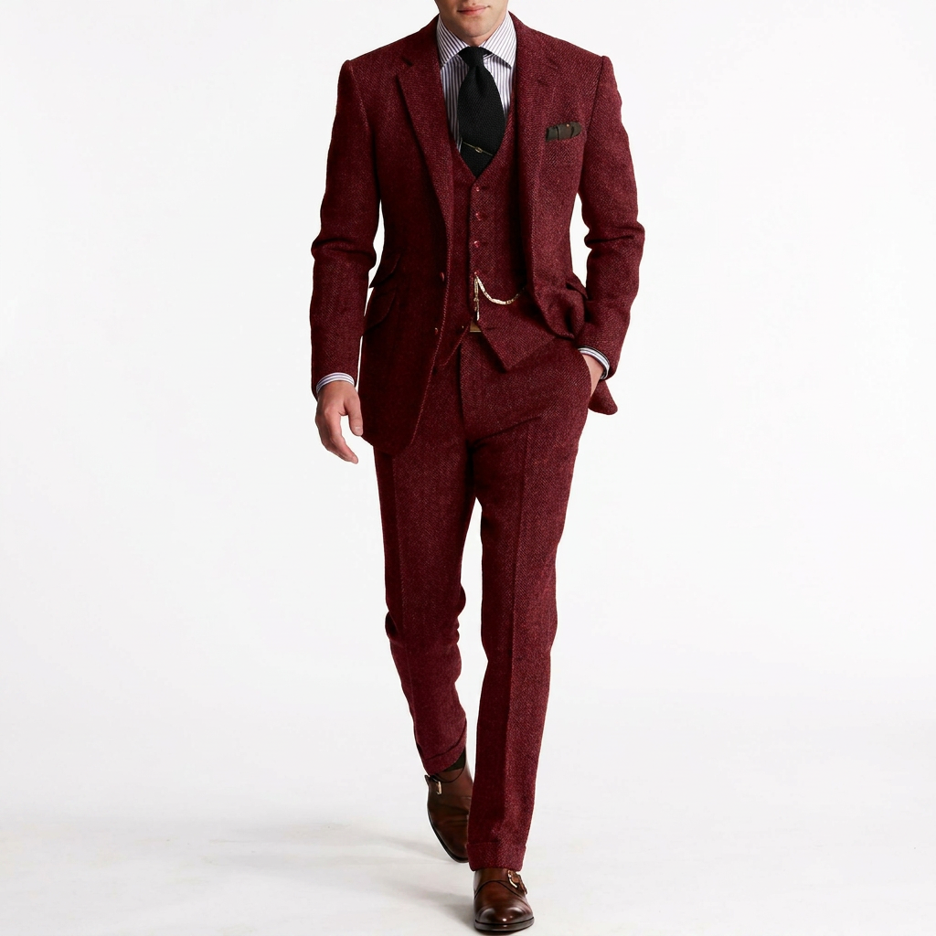 Individuele stukken van de heren driedelige businessset: blazer, vest en broek, netjes opgevouwen. Stijlvol pak.