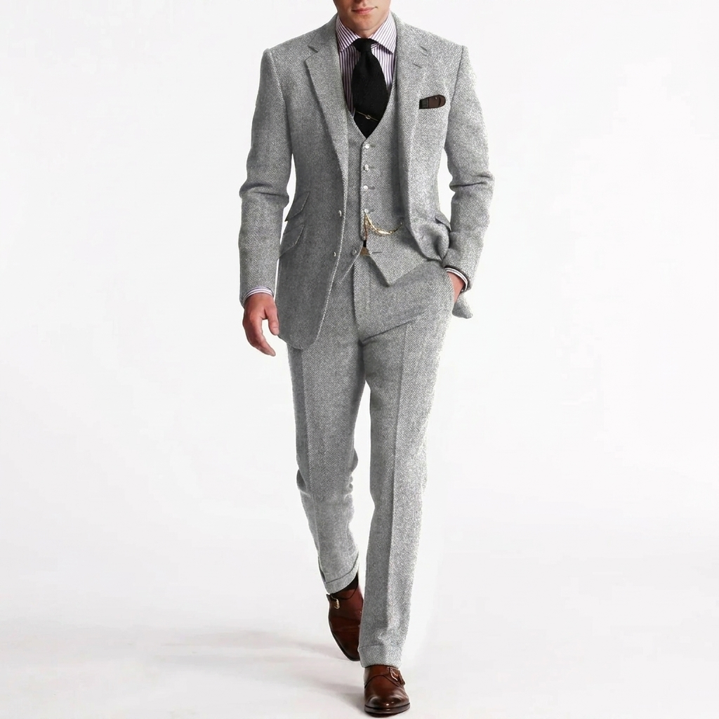 Close-up detail van de nylon stof en knopen van de heren businessset, inclusief blazer, vest en broek.