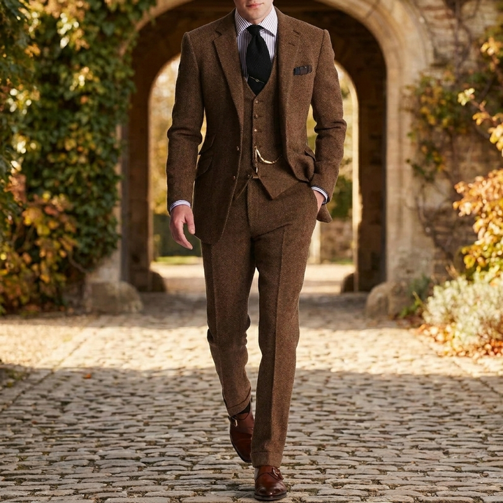 Heren driedelig businesspak: blazer, vest en slimfit broek. Ideaal voor formele zakelijke gelegenheden.