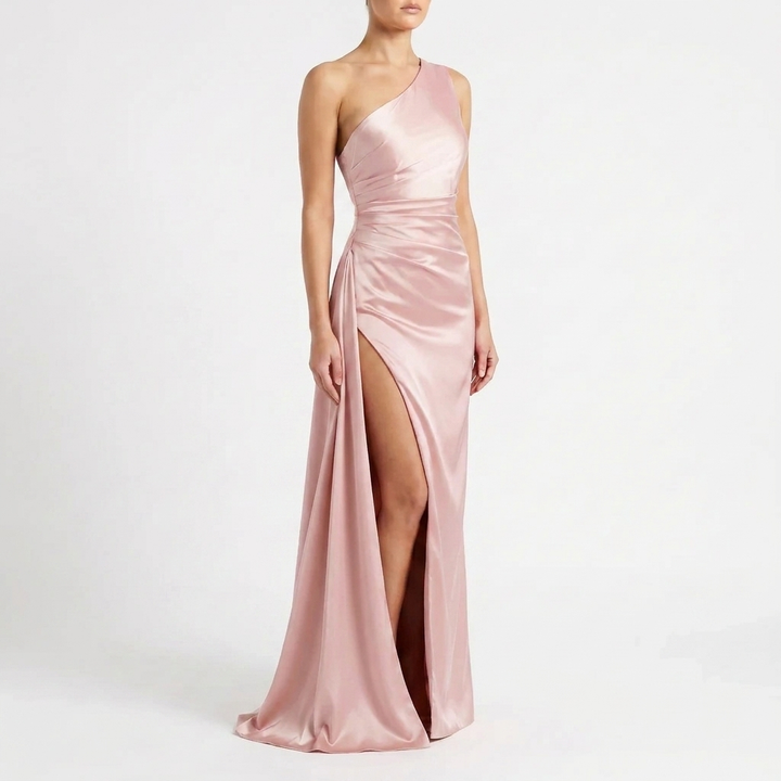 Stijlvolle dames one-shoulder avondjurk met asymmetrische halslijn; een tijdloze formele keuze.