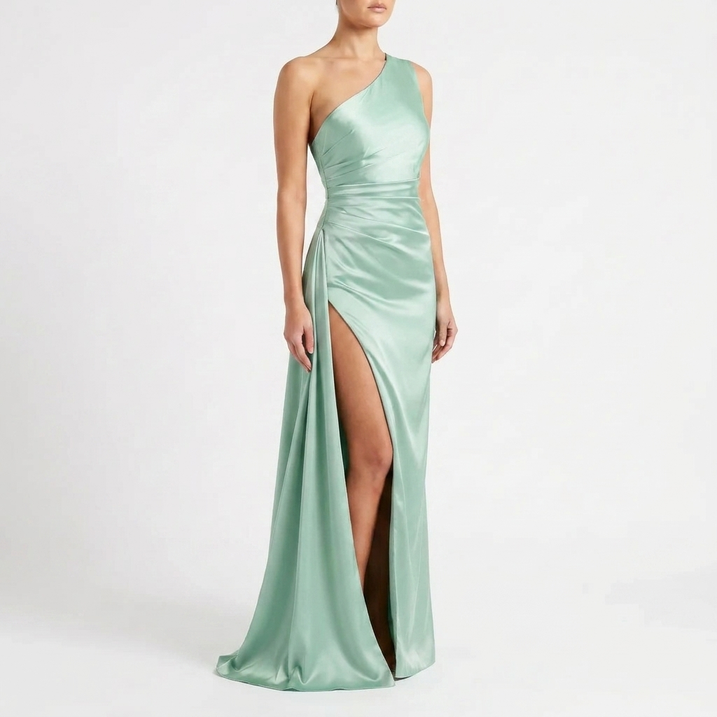 Lange dames feestjurk met asymmetrische snit en enkele schouderband; perfect voor formele events.