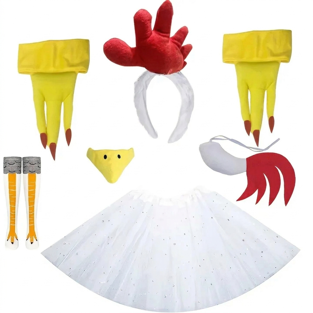 Unisex kippenkostuum, compleet 8-delig carnavalskostuum voor volwassenen. Grappig verkleedpak voor themafeest.