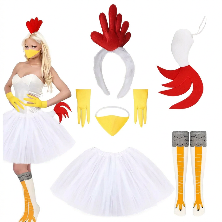 Wit kippenkostuum, unisex dierenkostuum ideaal voor carnaval of themafeesten. Inclusief alle accessoires.
