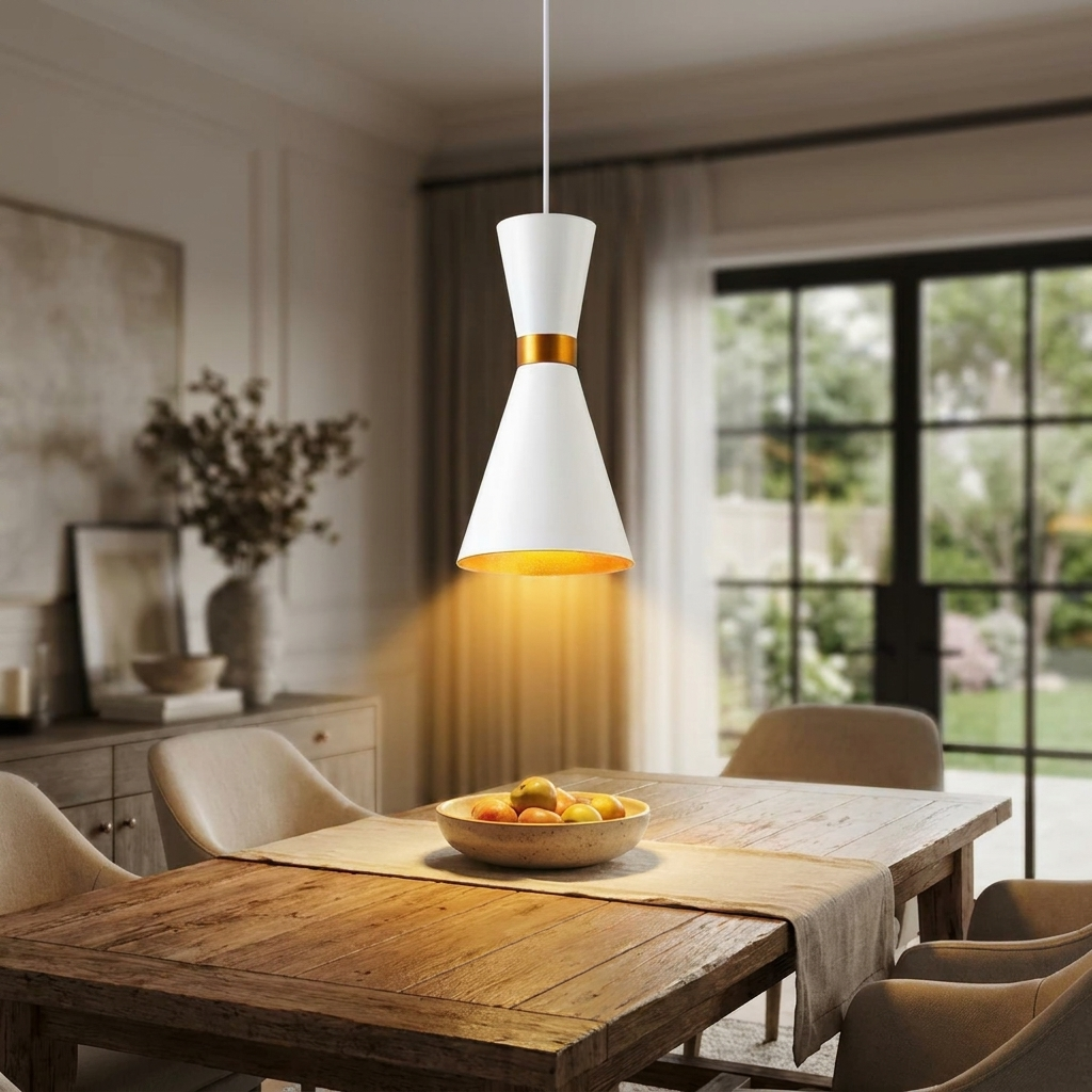Moderne éénlichts pendellamp in zwart en wit. Ideaal voor woonkamer, eetkamer of slaapkamer interieurverlichting.