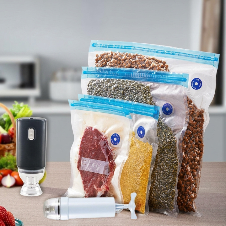 Set van 10 herbruikbare vacuümzakken voor verse voedselopslag in de keuken. Perfect voor mealprep, koelkast en vriezer.