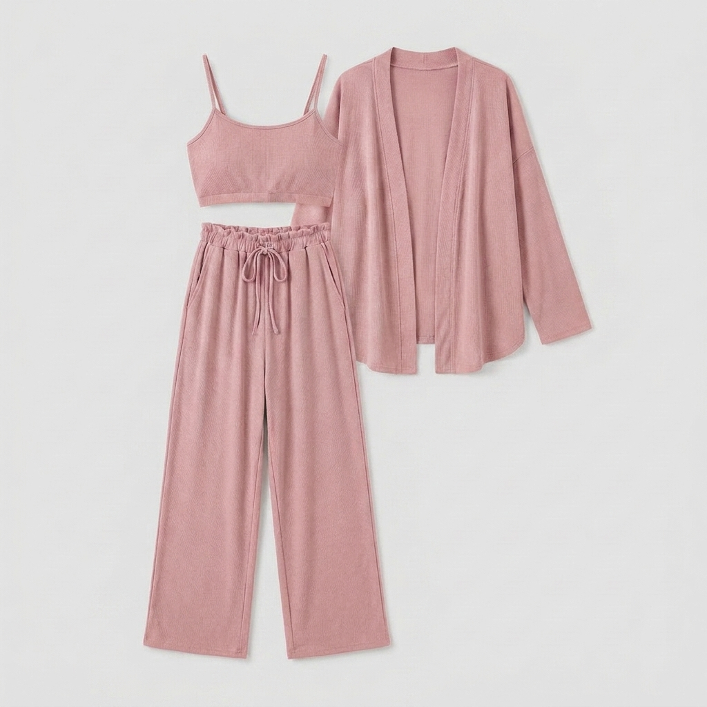 Complete dames loungeset: top, broek, vest. Driedelig en stijlvol, ideaal als comfortabel huispak.