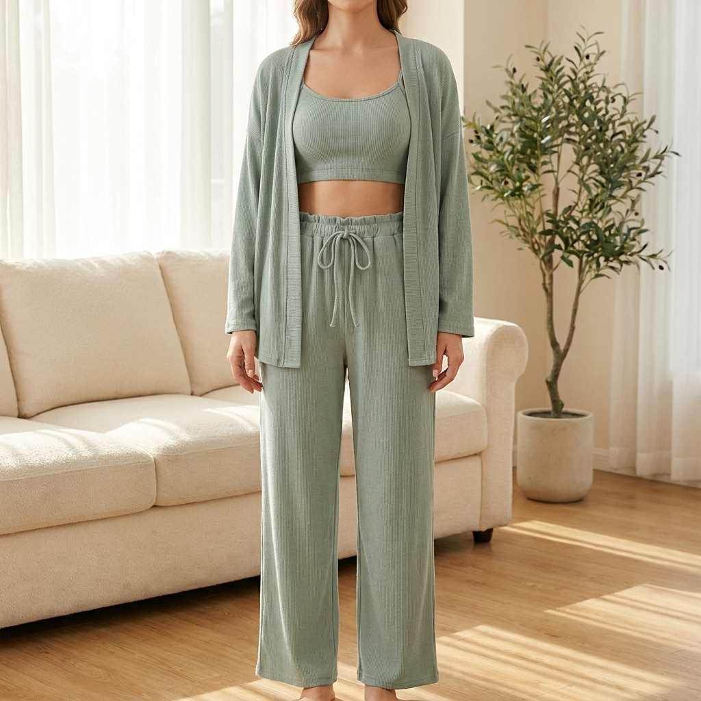 Comfortabele dames driedelige loungeset in zacht polyester. Ideaal huispak voor stijlvol relaxen thuis.