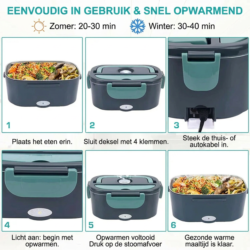 Moderne elektrische lunchbox 1.5 liter voor warmhoudmaaltijden. Makkelijk mee te nemen naar werk, school of uitje.