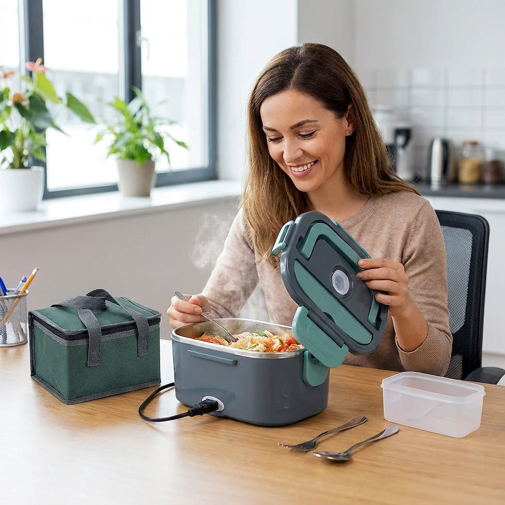 Draagbare elektrische lunchbox 1.5L, perfect voor warme maaltijden op kantoor, school of reizen. Lekvrij design.