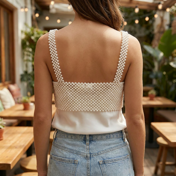 Modieuze vrouwenkleding: croptop met subtiele parels, ideaal voor een chique zomerse look of feestelijk evenement.