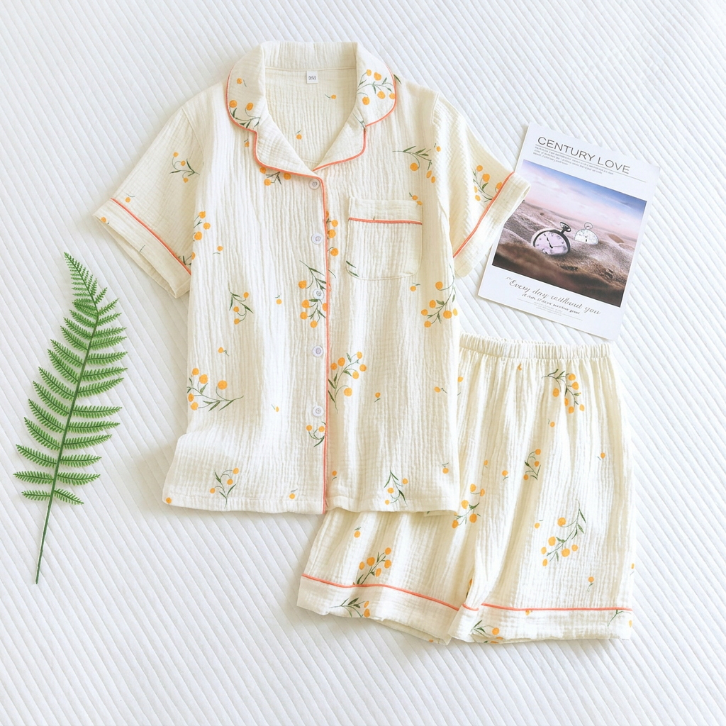 Dames pyjamaset van ademend katoen, bloemenprint, ideaal voor een elegante en comfortabele nachtkleding ervaring.