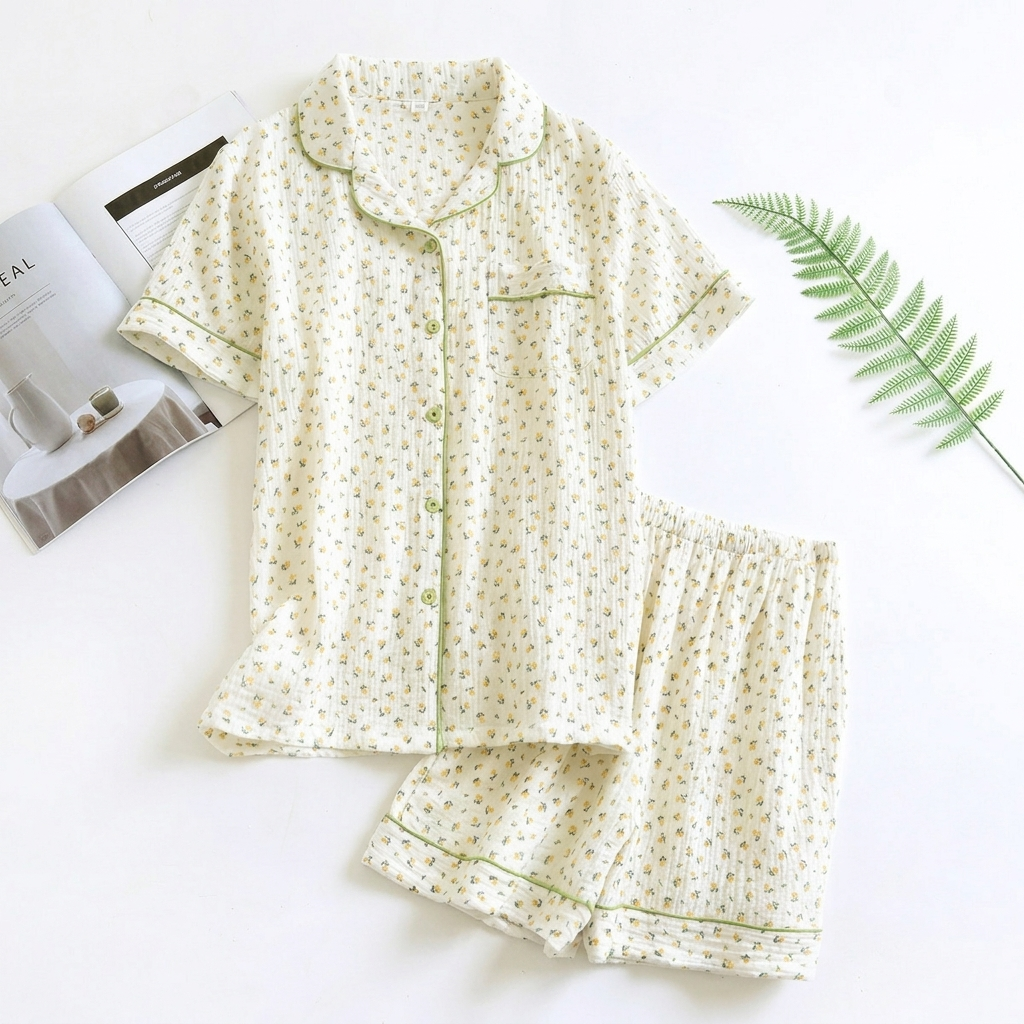 Zachte damespyjama met verfijnde bloemenprint, katoenen loungewear voor ontspanning en een comfortabele nachtrust.