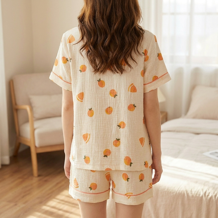 Comfortabele katoenen damespyjamaset; perfecte loungewear met stijlvolle bloemenprint voor ontspannen avonden.