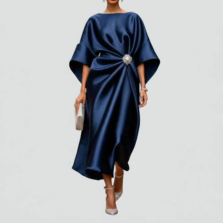 Nieuwe elegante damesjurk, gedrapeerde midi-lengte met vleermuismouw, geschikt voor feesten.