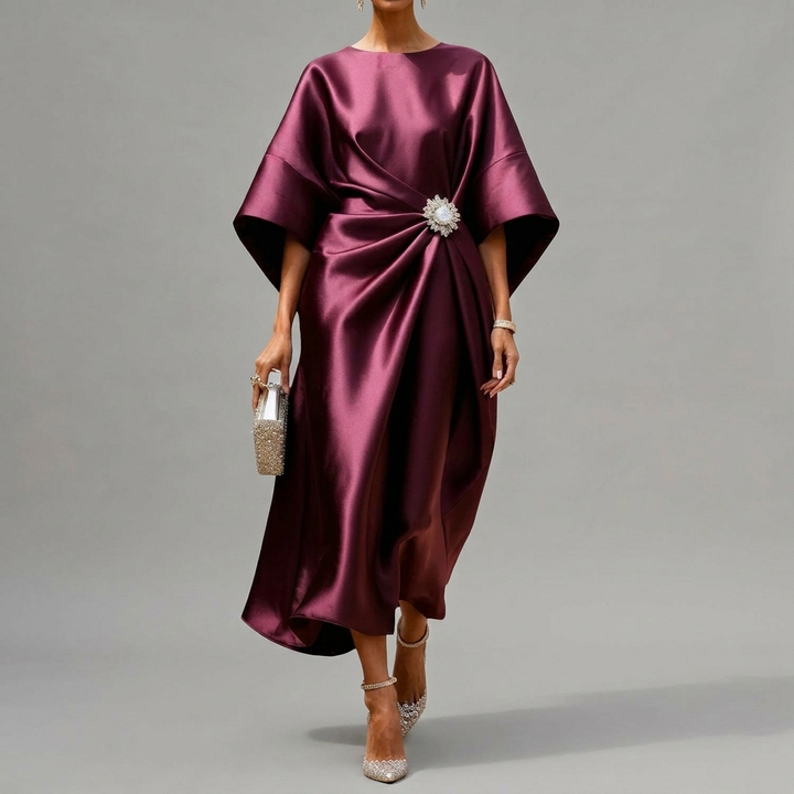 Stijlvolle gedrapeerde midi-jurk voor dames, perfect als chique avondjurk of feestjurk.